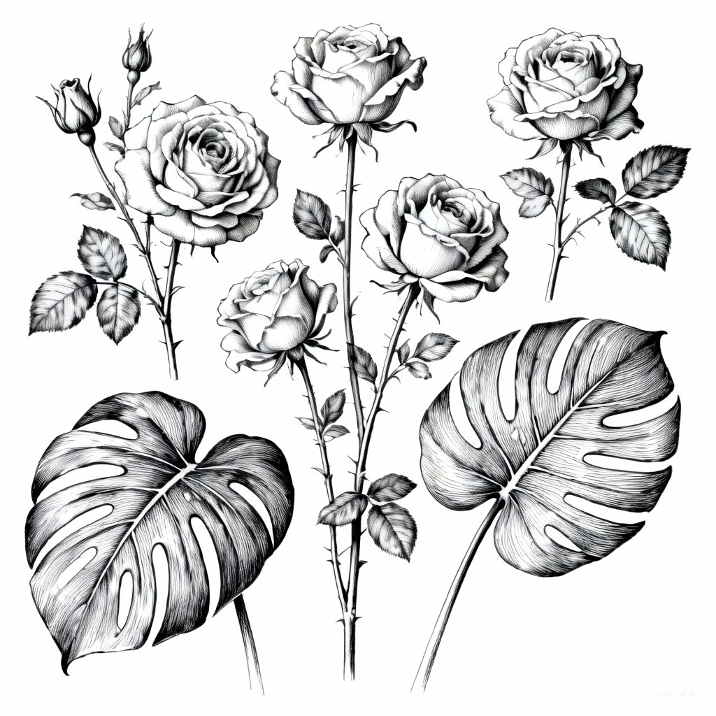 AI botanical line drawing with roses and leaves