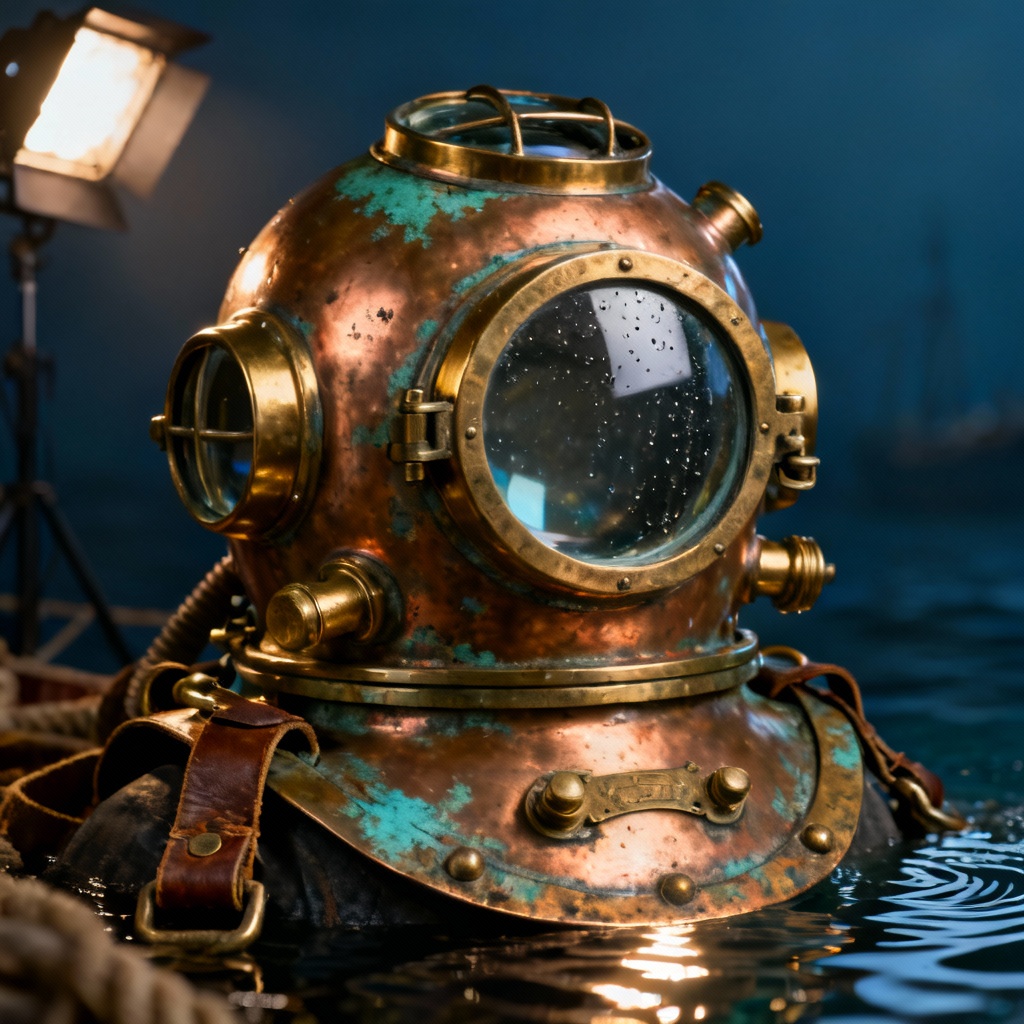 AI-generated vintage copper diving helmet with brass fittings