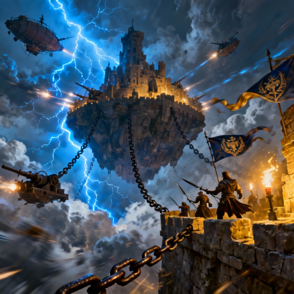 Aerial battle at a floating citadel above thunderclouds