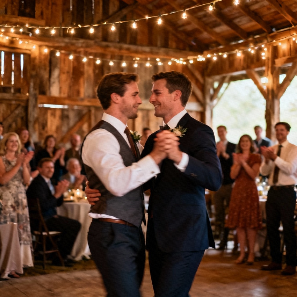 AI rustic barn first dance with two grooms