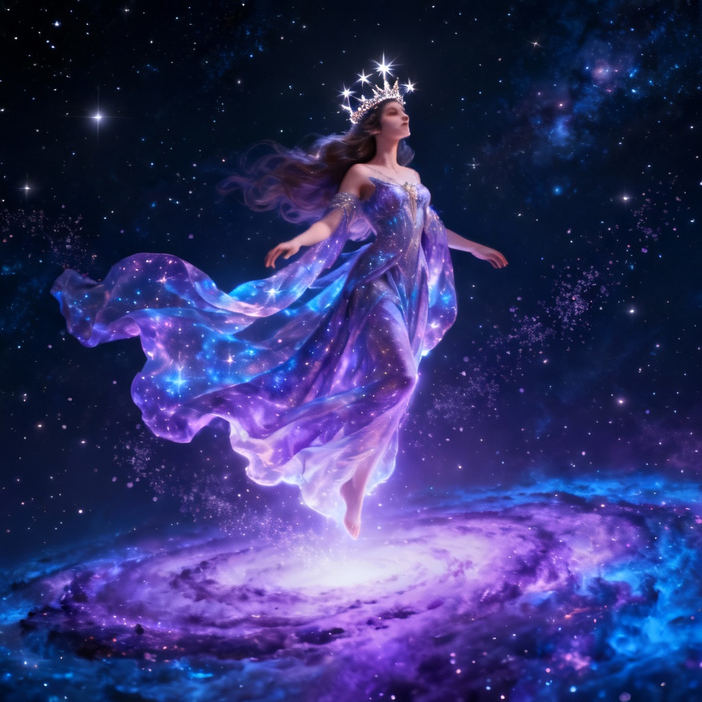 AI cosmic goddess floating above nebula with starlight crown