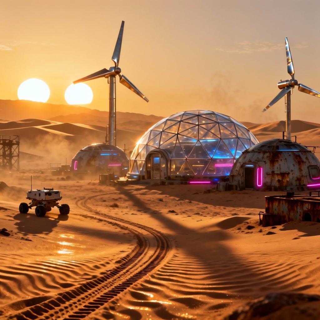 Futuristic colony domes and turbines on a desert plain