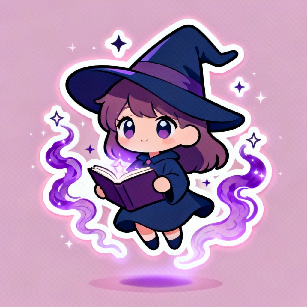 AI chibi witch with magic book and sparkles