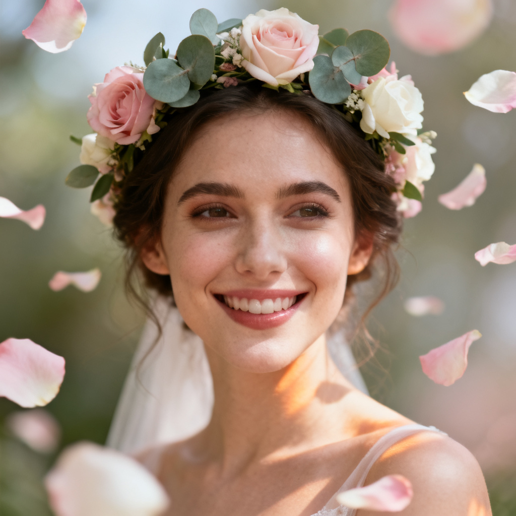 AI flower crown on a bridal portrait with soft roses