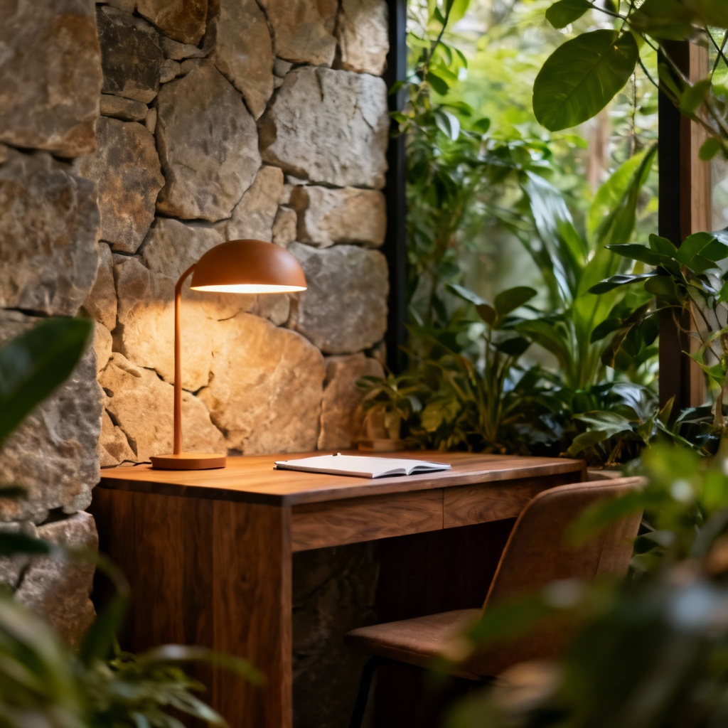 AI biophilic workspace with plants and warm light