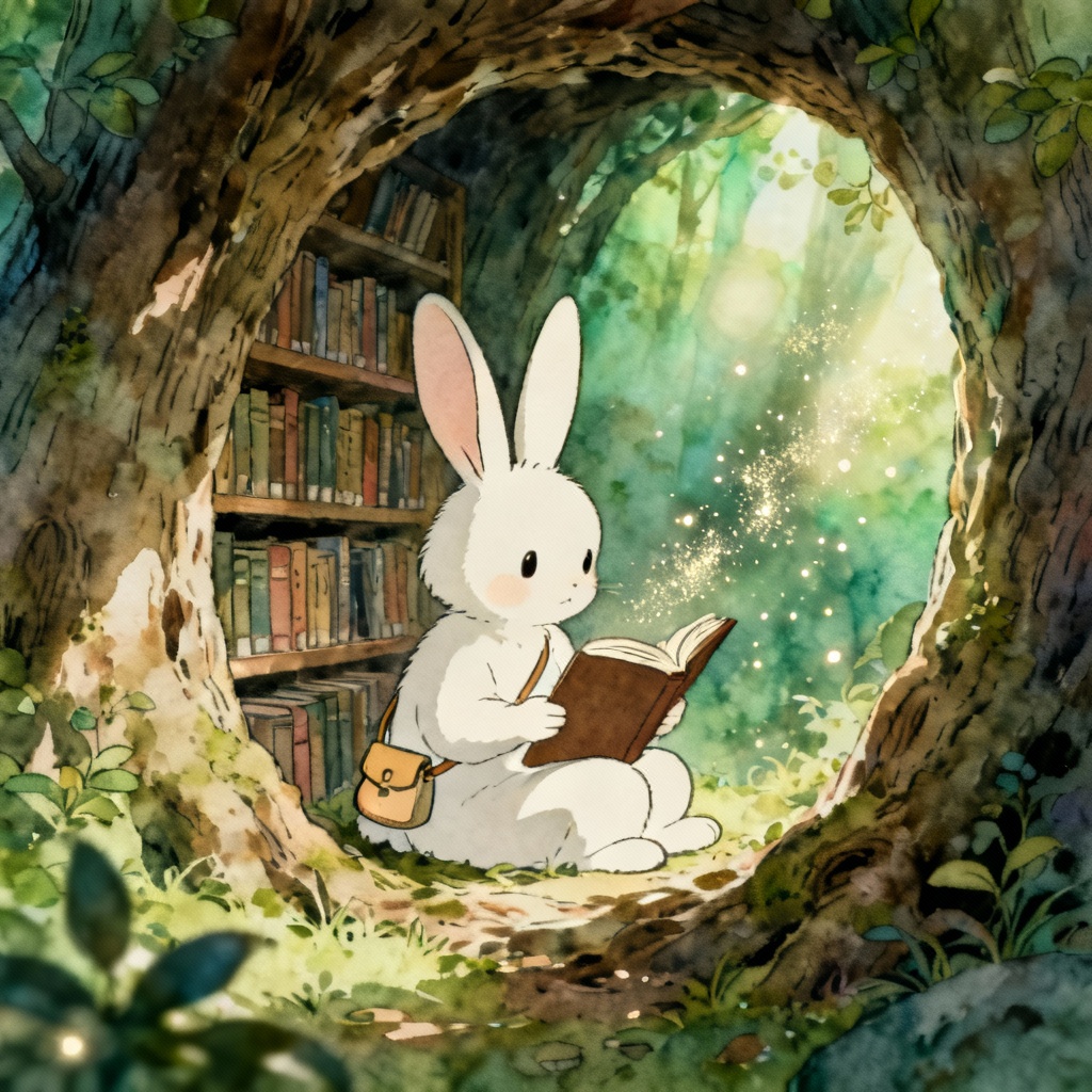 AI Ghibli rabbit in a forest library scene