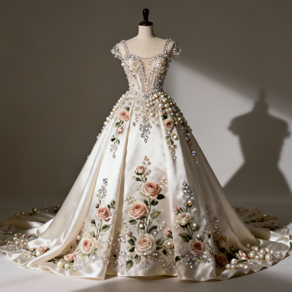 AI embroidered gown with pearl and rose motifs on ivory silk