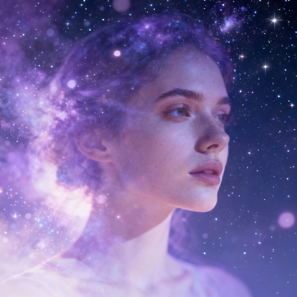 Dreamy double exposure with starry sky overlay