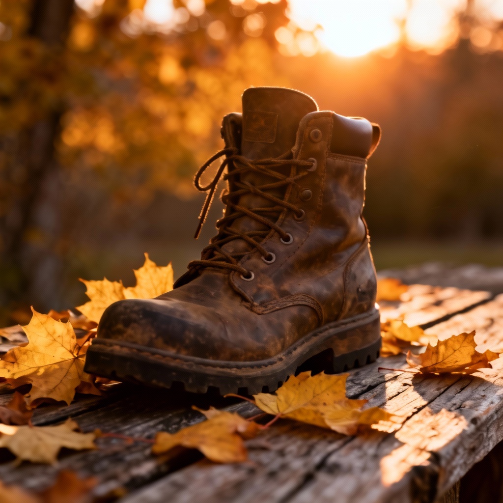 Work boot filled with autumn leaves on rustic wood