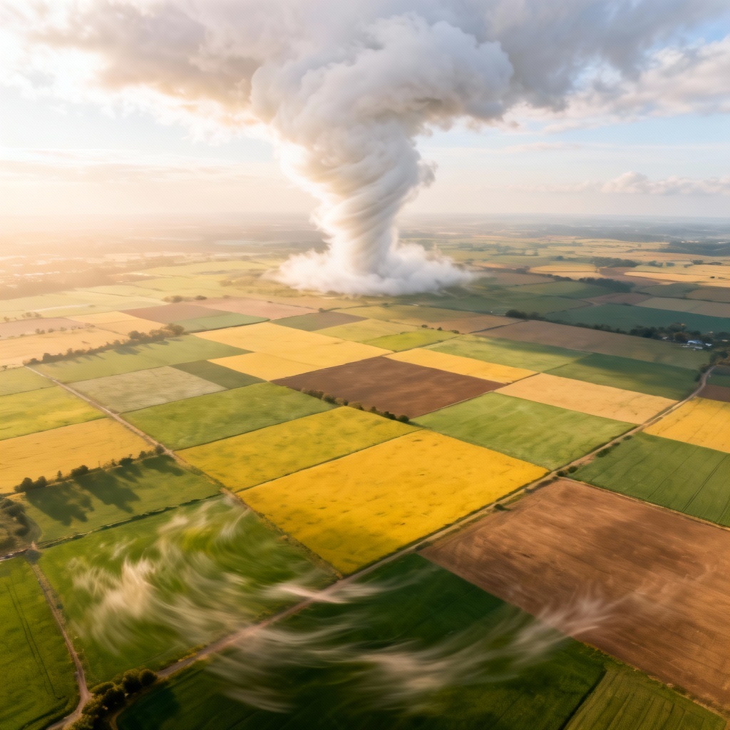 AI aerial cyclone of clouds over green fields
