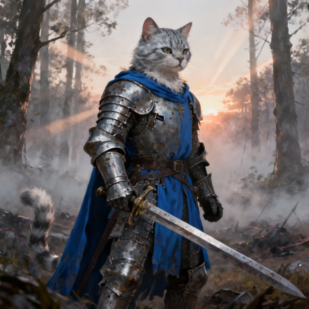 Anthropomorphic cat knight in armor standing in a misty forest