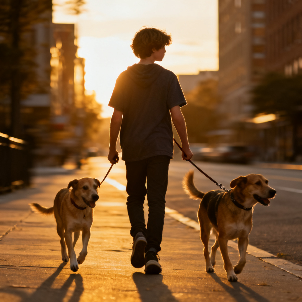 AI walking with animals scene at sunset in the city