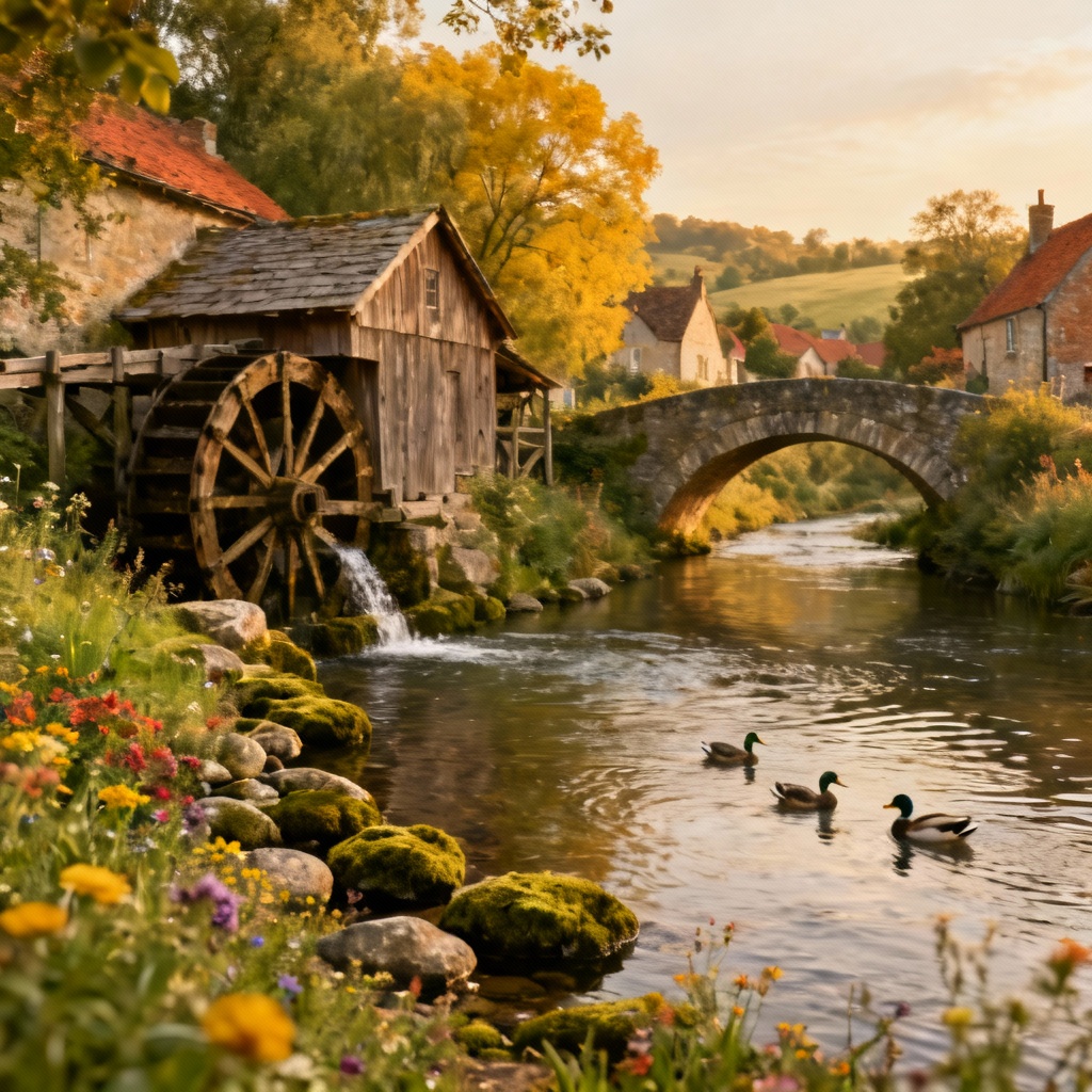 AI riverside rustic village with watermill and stone bridge