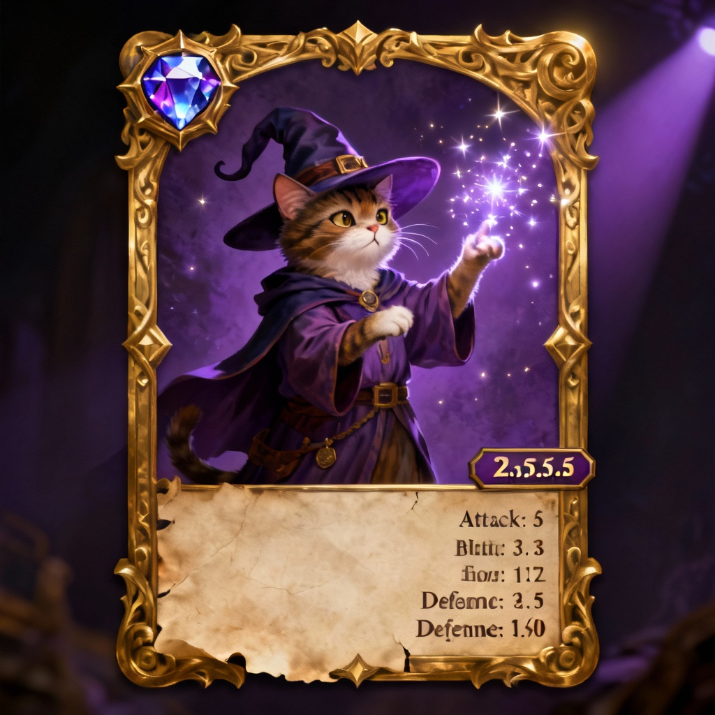 AI fantasy trading card featuring a wizard cat
