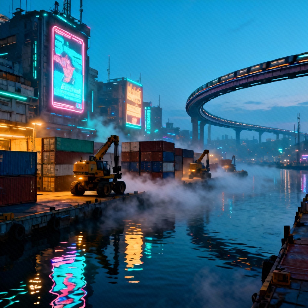 AI neon harbor district with reflections and monorail