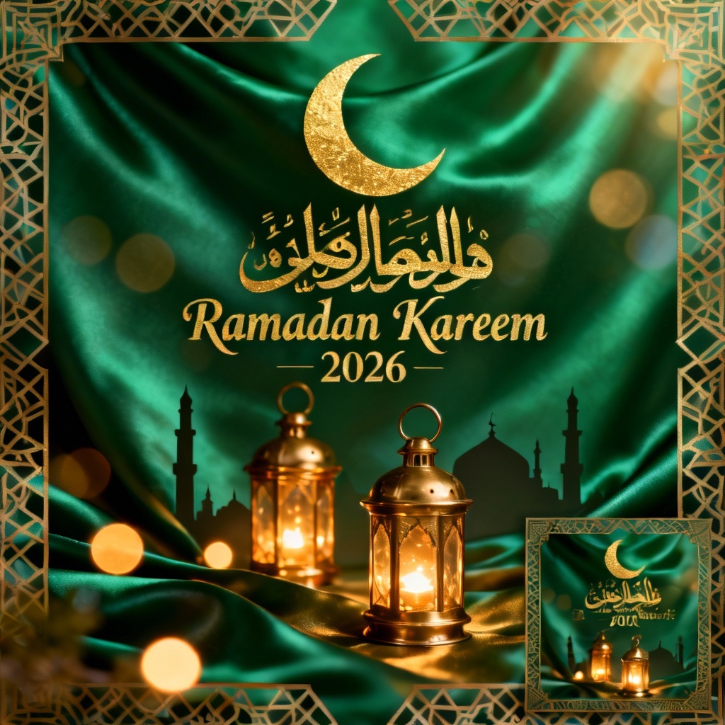 AI 2026 Ramadan card with gold crescent, lanterns, and mosque silhouette