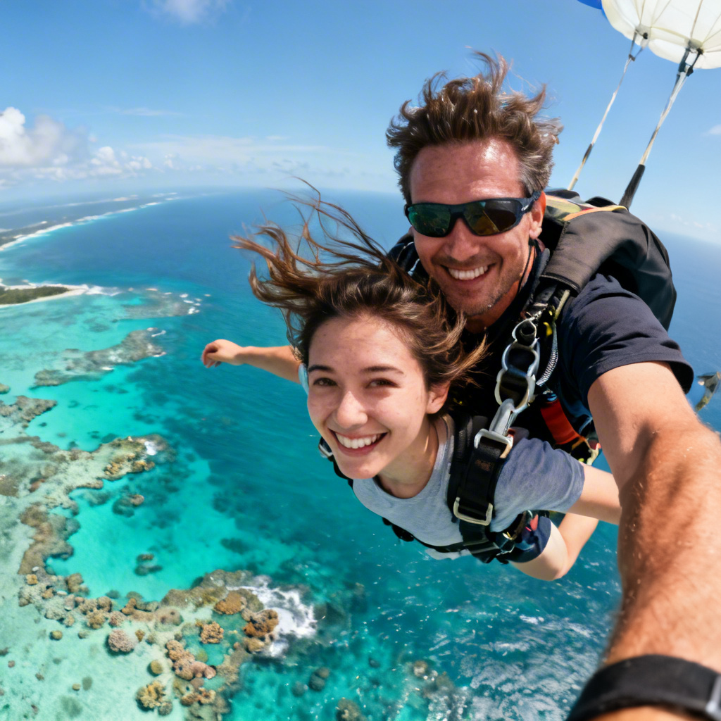 AI tandem skydiving over tropical coastline