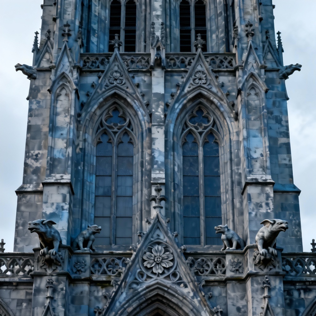 AI neo-gothic facade with lancet windows and tracery
