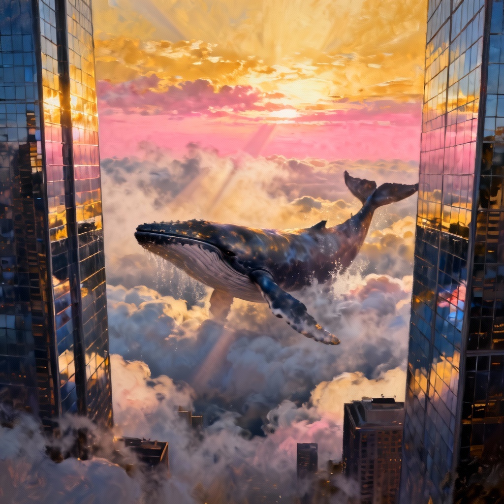 AI surreal sky whales above city skyscrapers