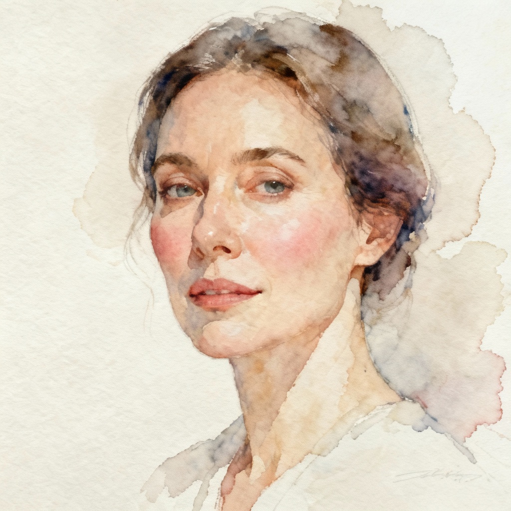 Watercolor AI girl headshot in painterly style
