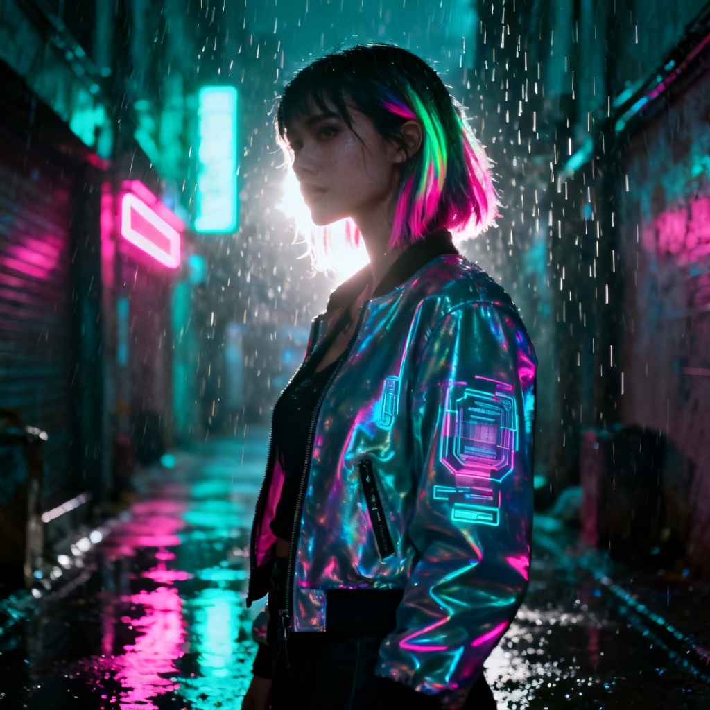 Cyberpunk fake girlfriend with neon city lights and holograms