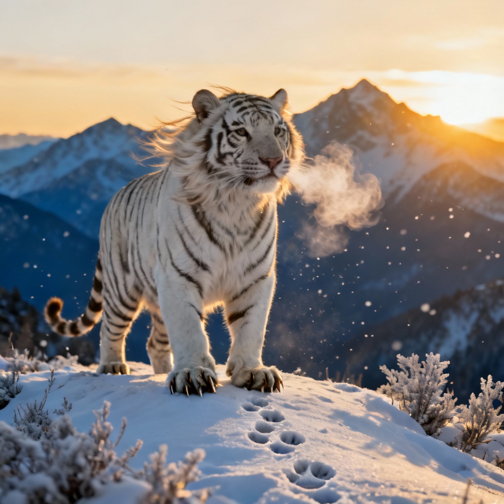 Realistic Siberian white tiger on snowy ridge at sunrise