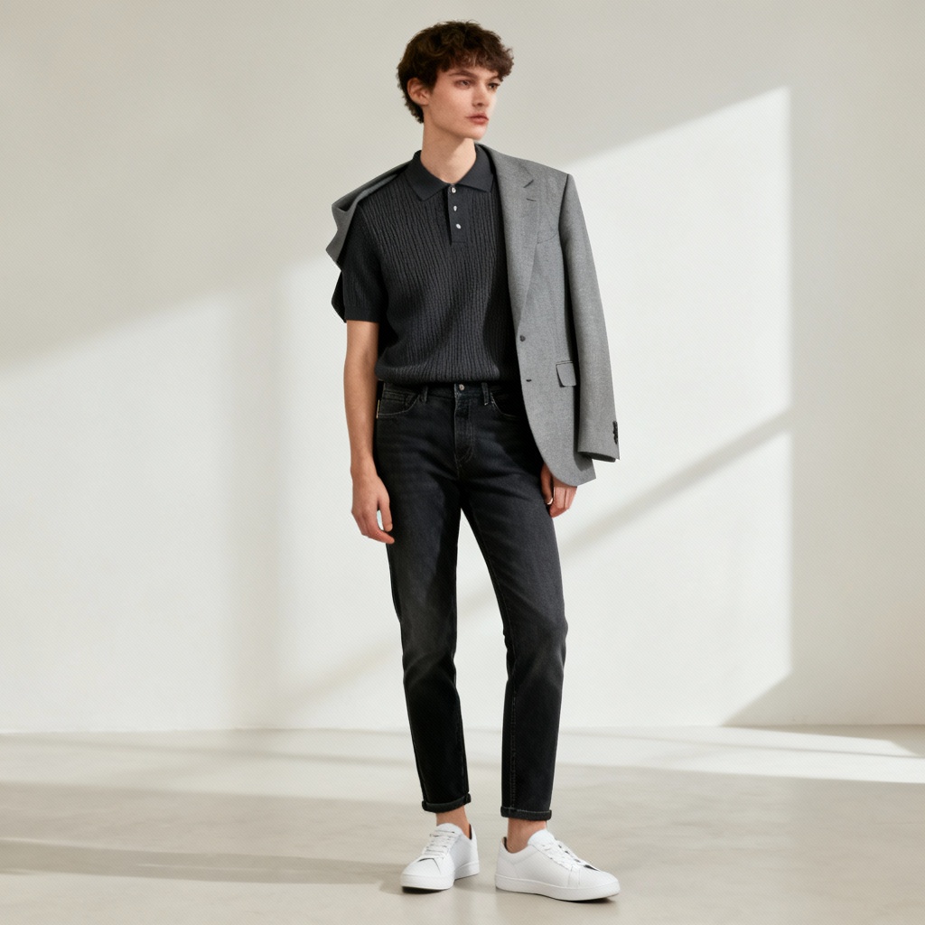 AI smart casual outfit with knit polo and blazer