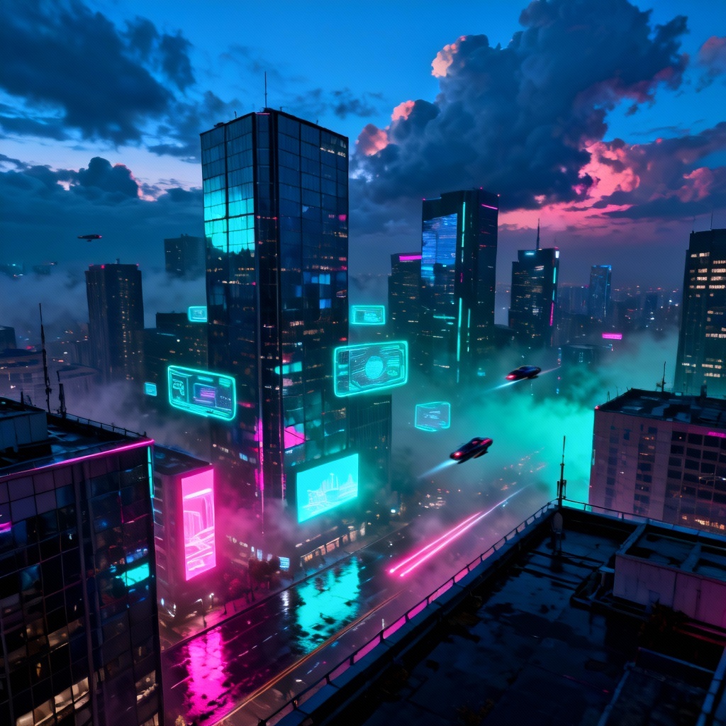 AI cyberpunk rooftop skyline at night