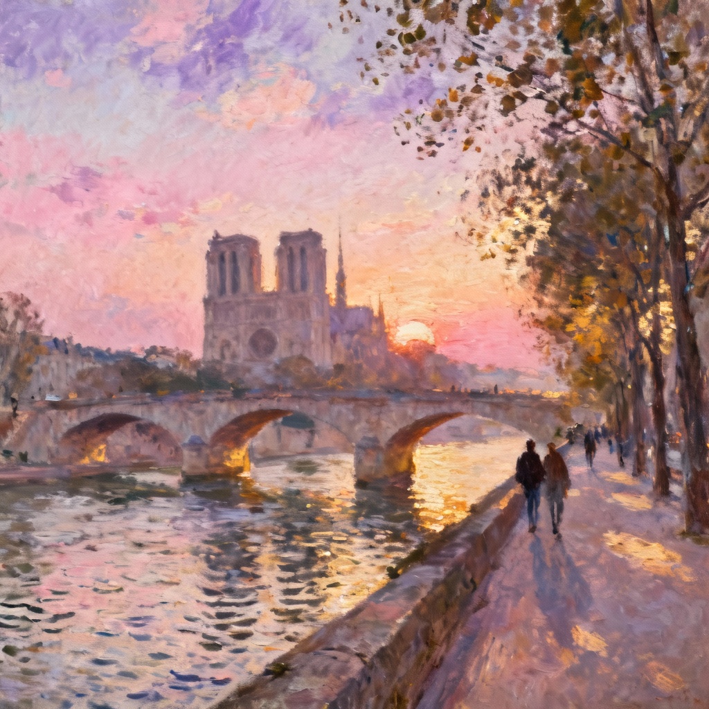 AI sightseeing view of Paris riverbank at golden hour