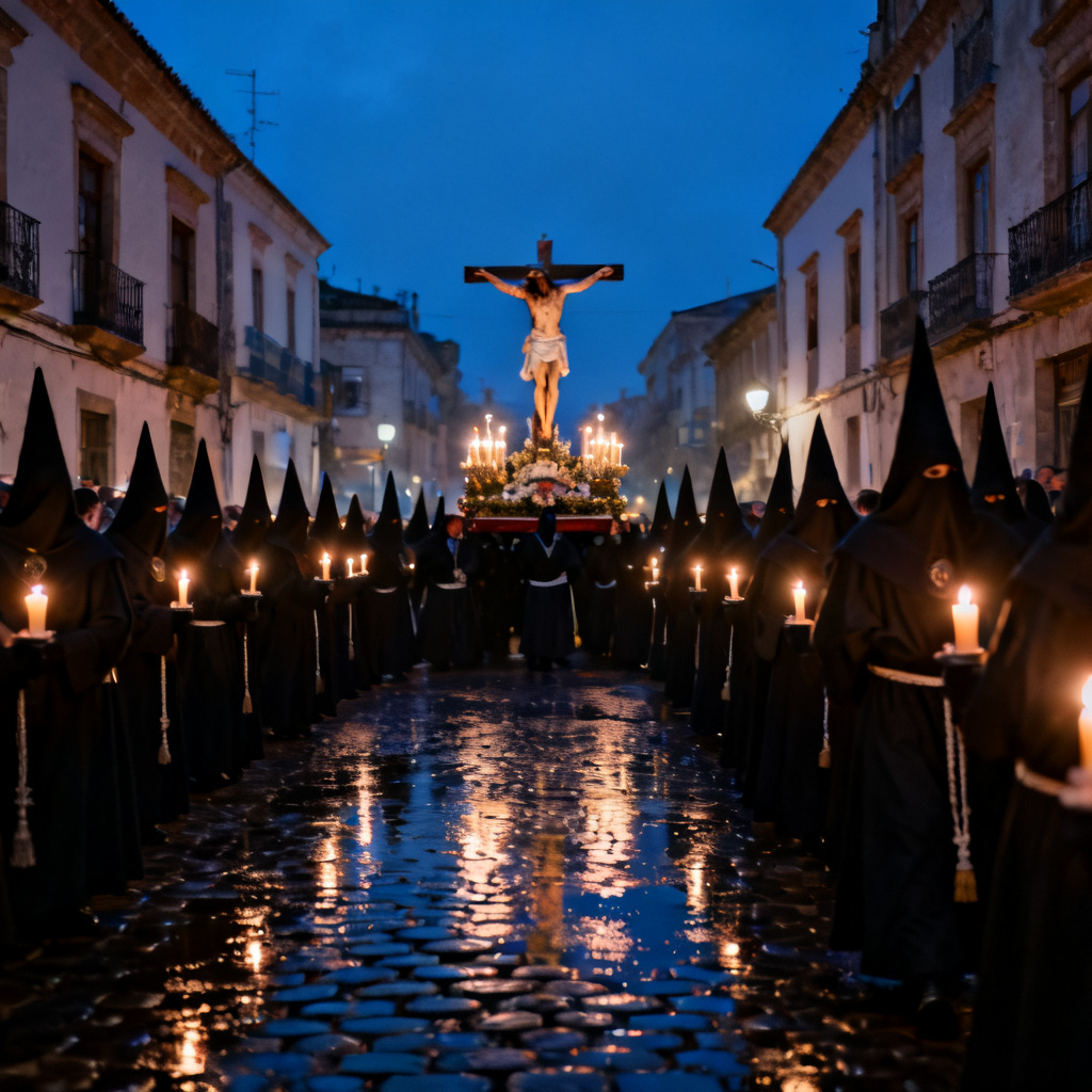 AI La Madrugá night procession with candles and Nazarenos