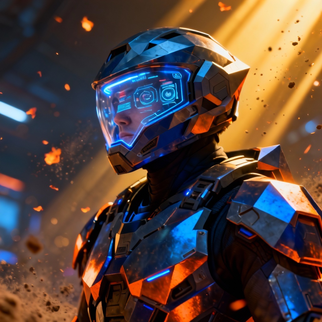 AI sci fi mech pilot character with helmet and HUD