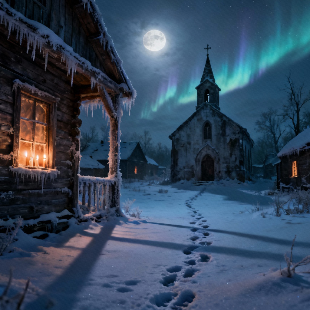 AI haunted village in snow with moonlit chapel and spectral footprints