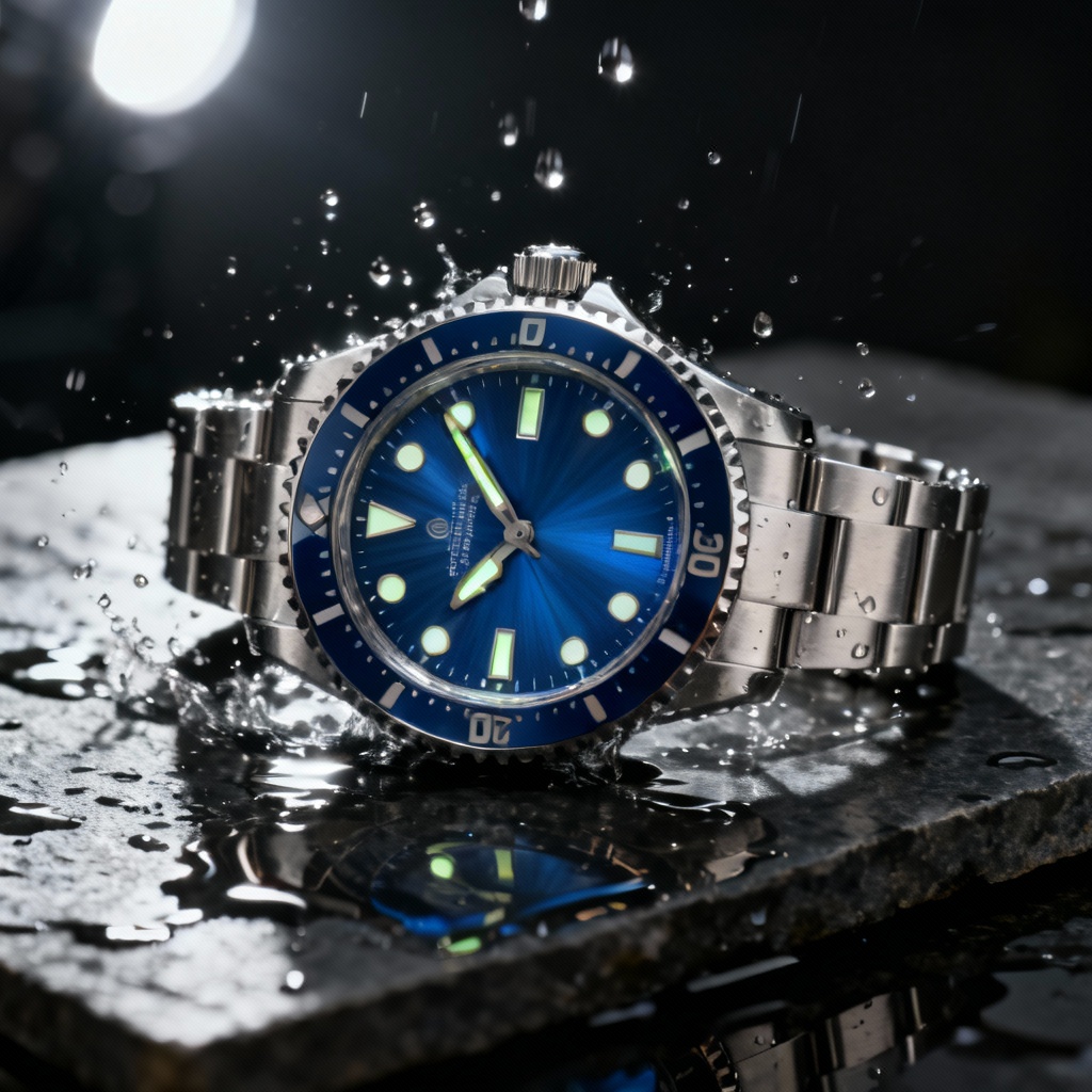 AI diver watch product shot on wet slate