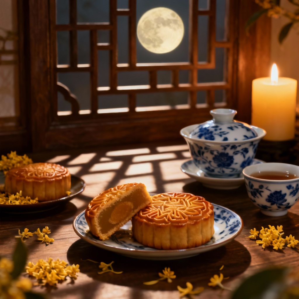 AI Mid-Autumn tea ceremony with mooncakes