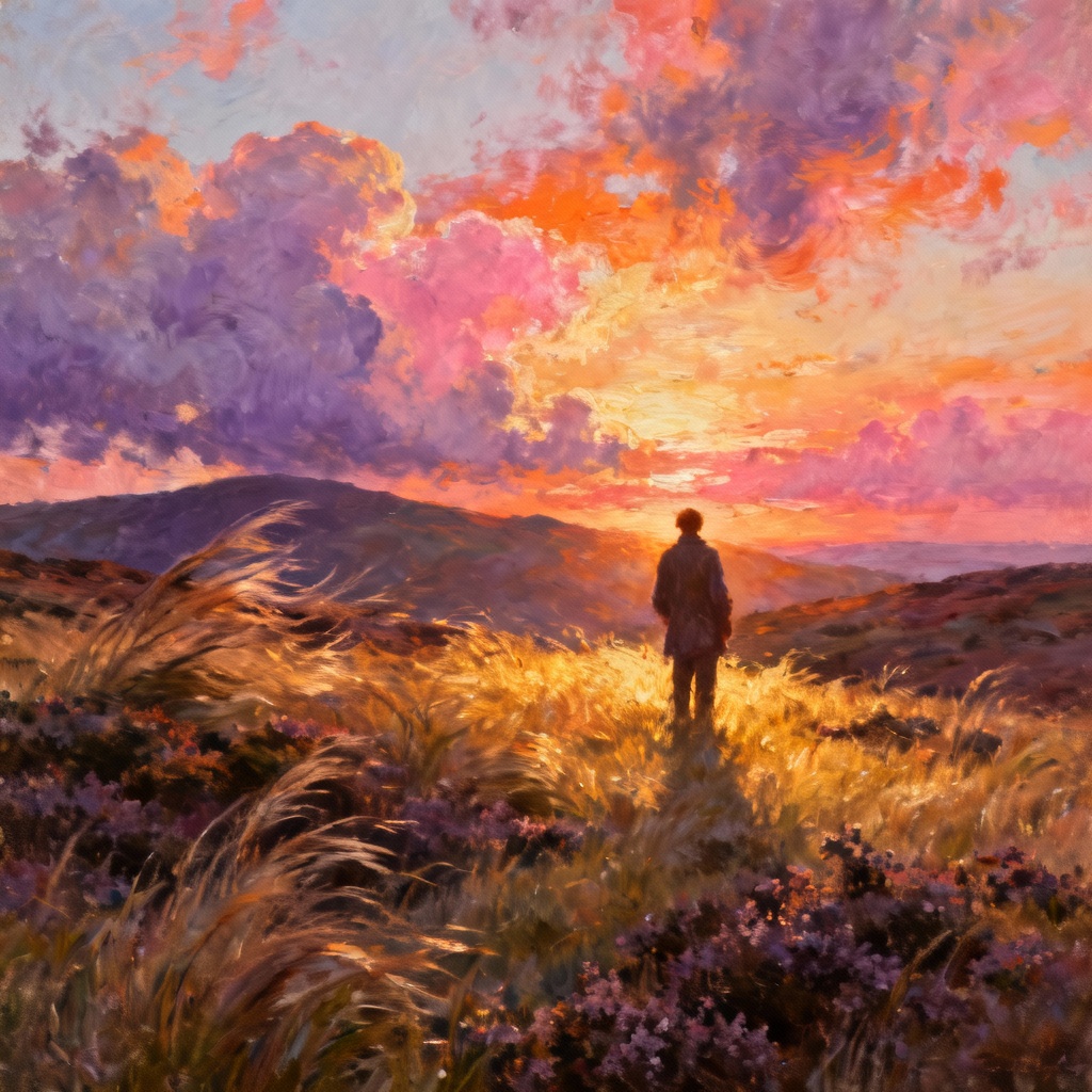AI image of Romantic moorland at sunset