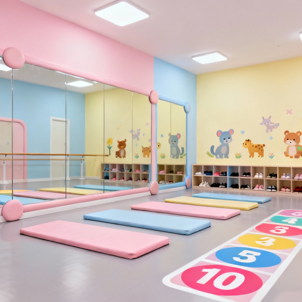 AI render of colorful kids dance classroom with safety mats