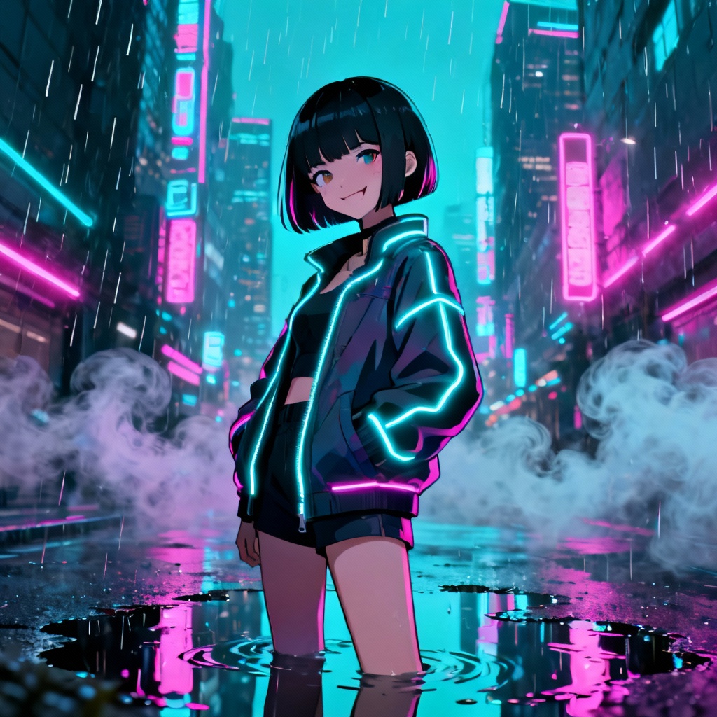 Cyberpunk anime girlfriend with neon city lights