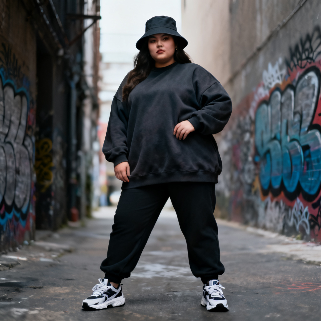 Curvy streetwear lookbook shot in urban alley