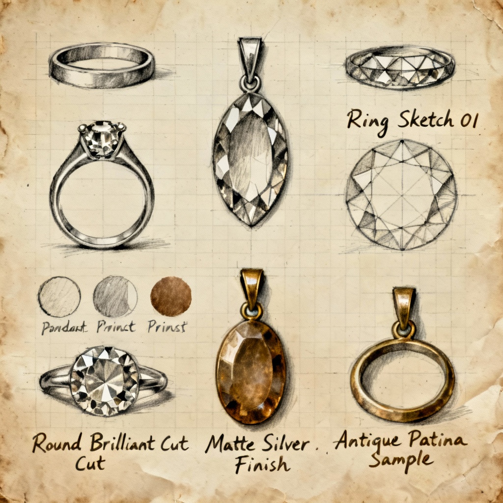 Handmade jewelry design board with ring and pendant concepts