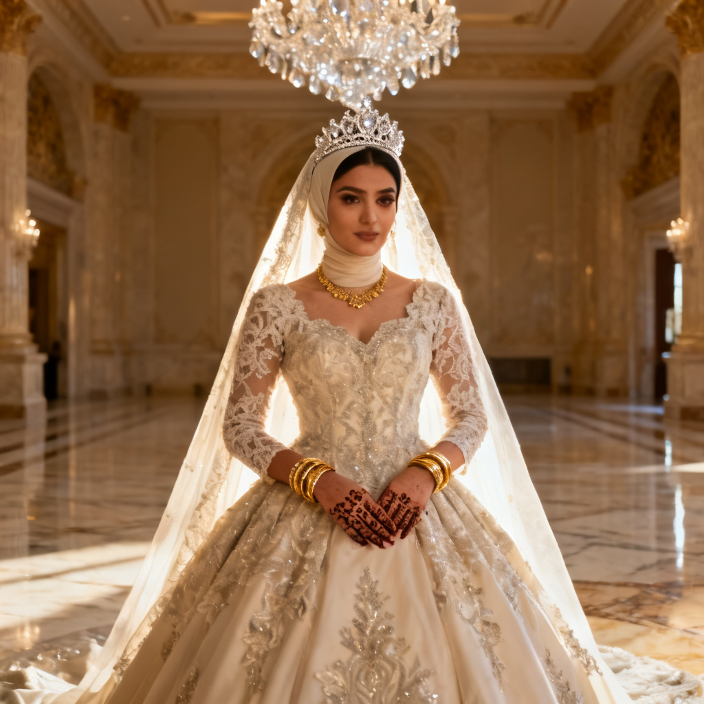 AI Middle Eastern bride in palace interior with tiara