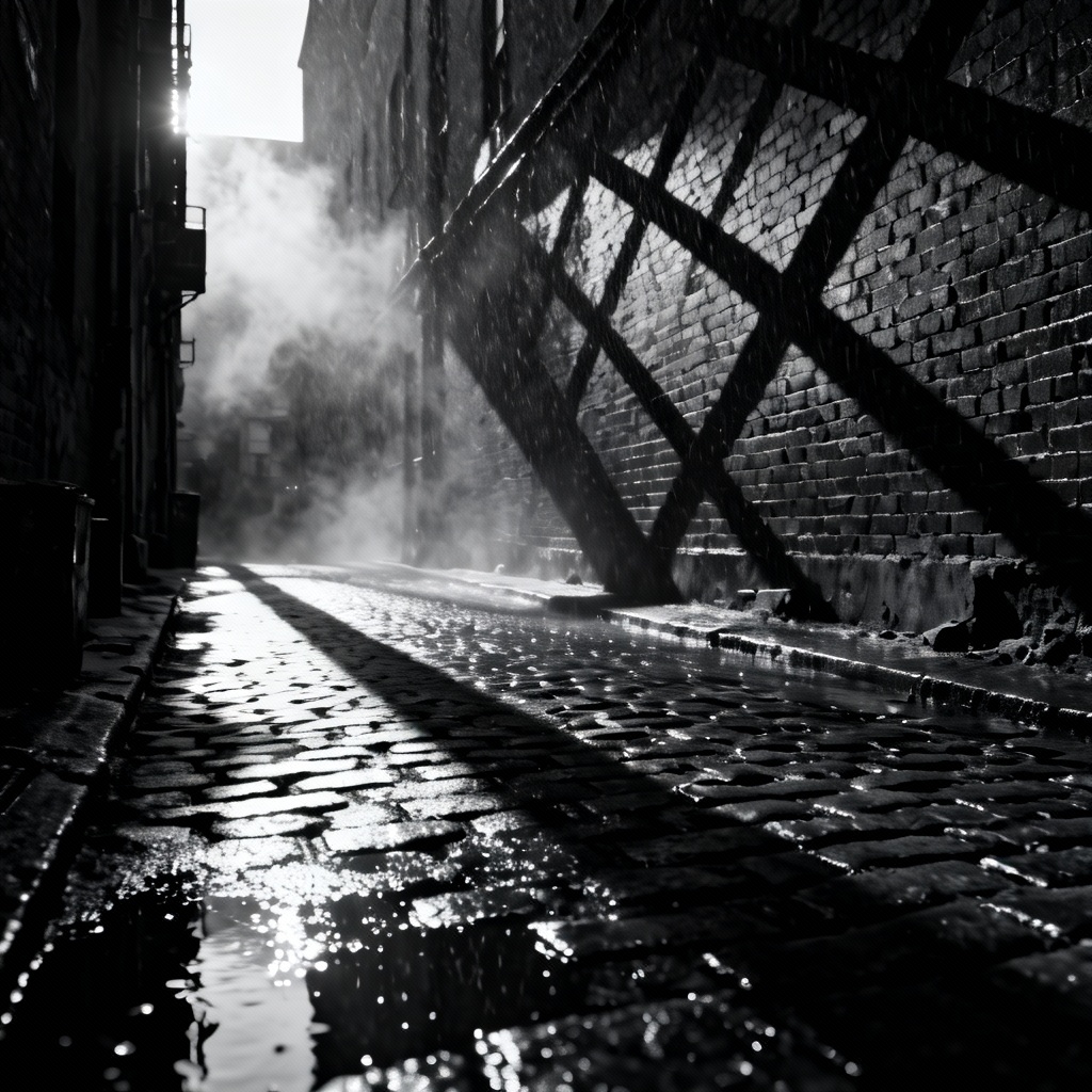 AI black and white illustration of a noir city alley with dramatic lighting