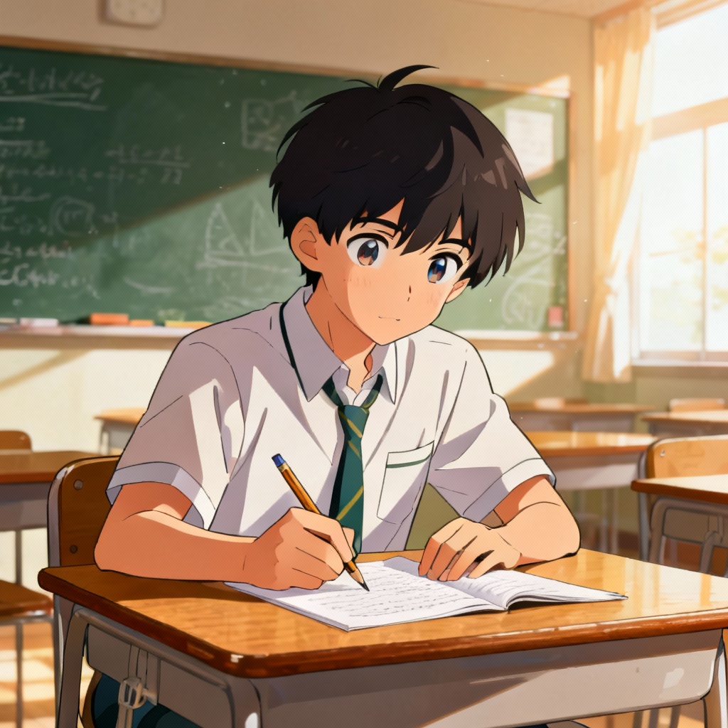 Anime schoolboy writing notes at a desk