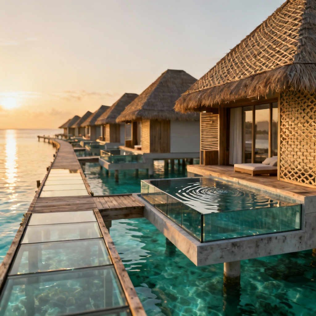 AI render of overwater villas connected by a lagoon boardwalk