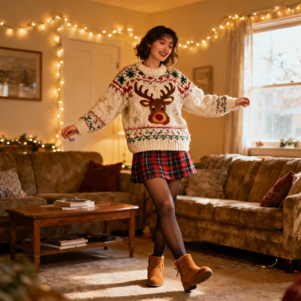 AI ugly sweater Christmas outfit with cozy lighting