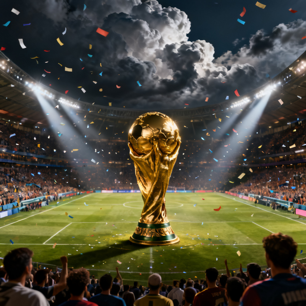 AI worldcup-soccer trophy poster in night stadium with confetti