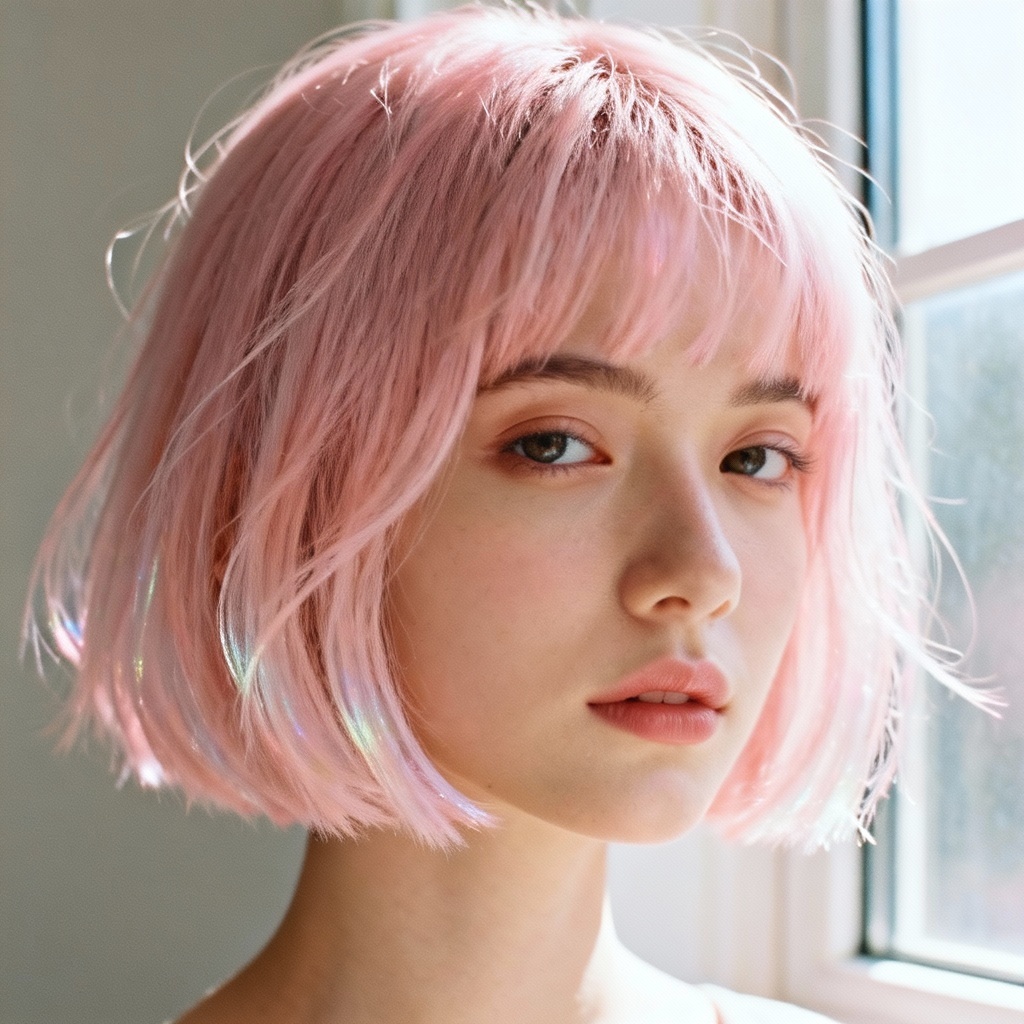 AI pink hair pastel cotton candy bob portrait