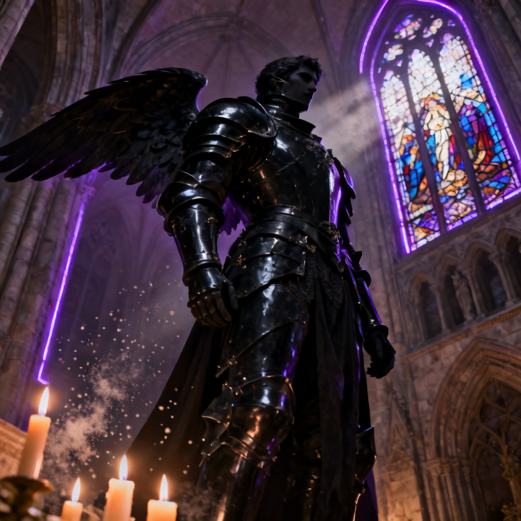 AI black angel guarding a gothic cathedral with stained glass