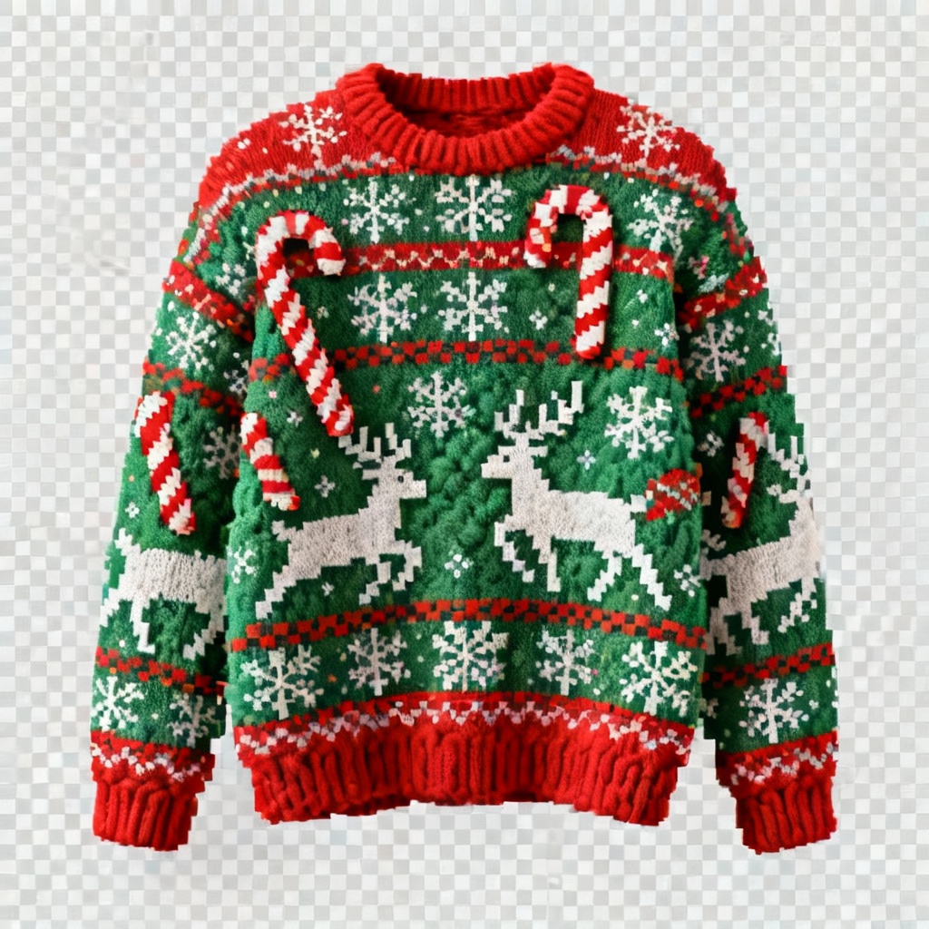 AI ugly Christmas sweater mockup with chaotic fair isle icons