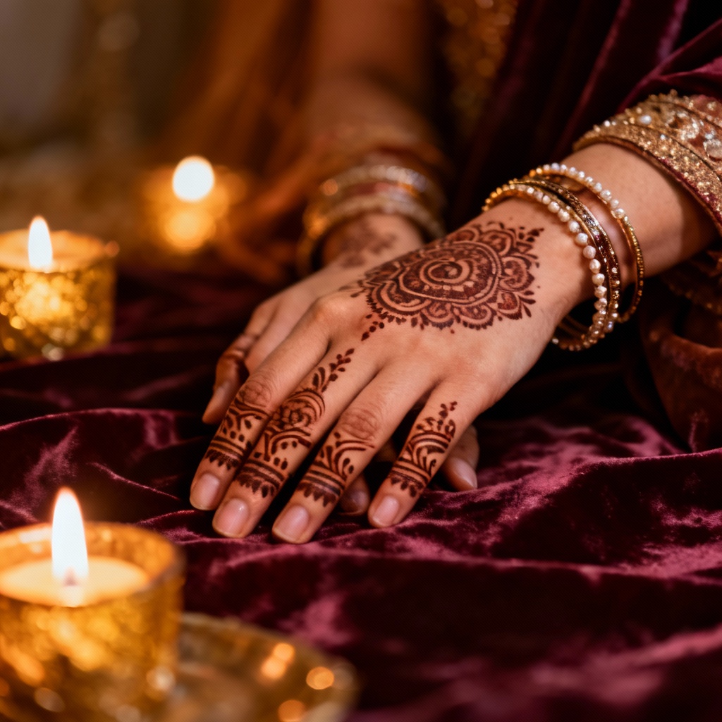 AI henna night hands with intricate mehndi and floral accessories