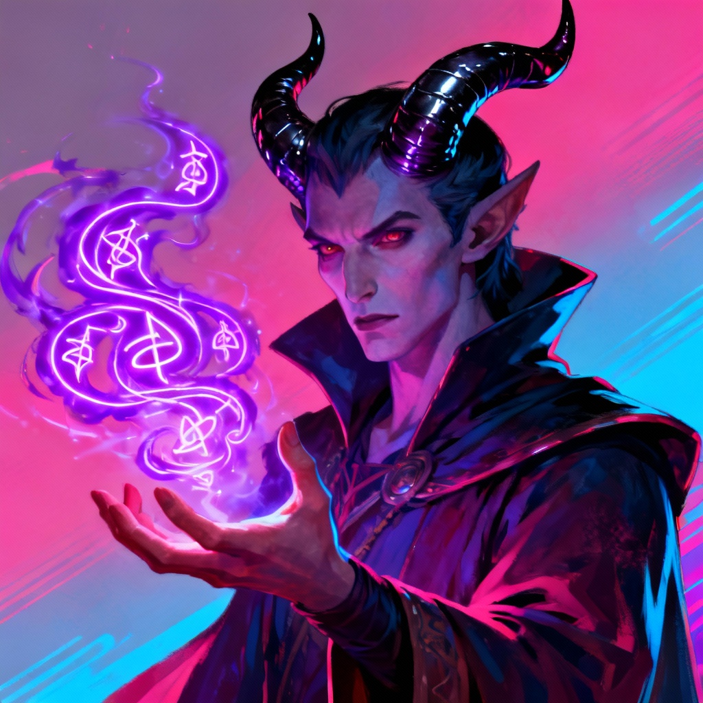 AI portrait of a tiefling warlock with neon spells